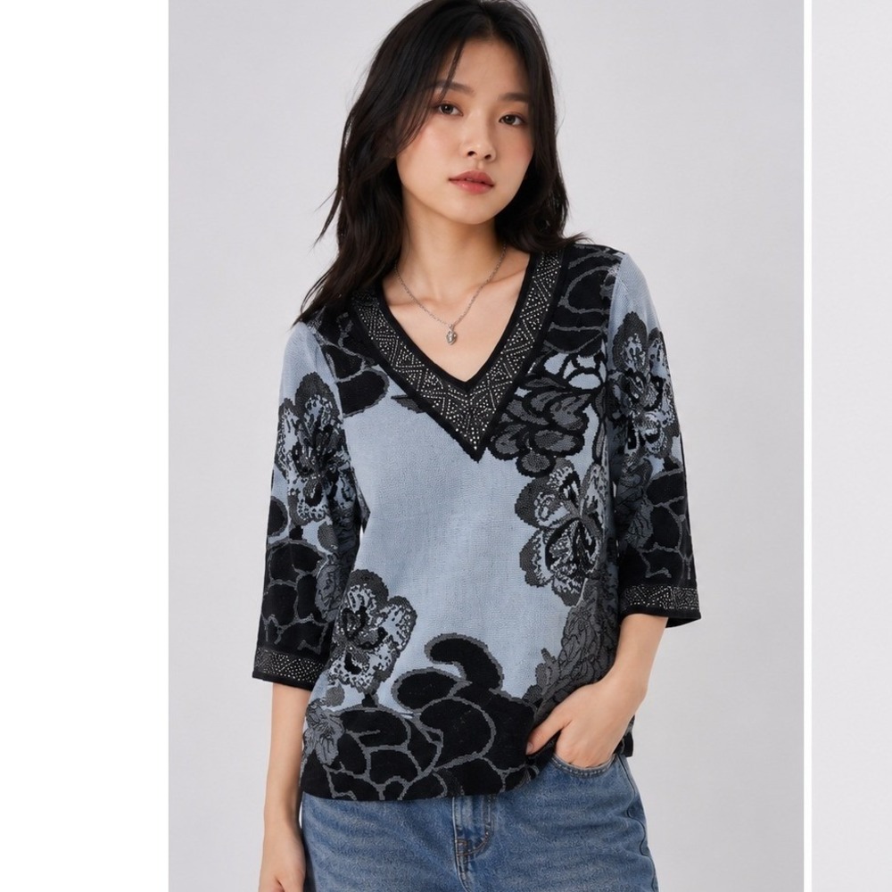 Ming Wang Women Black Grey Floral Studded V-Neck Knit Tunic Top 3/4 Sleeve‎ M